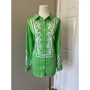 VTG Bob Mackie Wearable Art Top Womens 1X Green White Striped Button Up